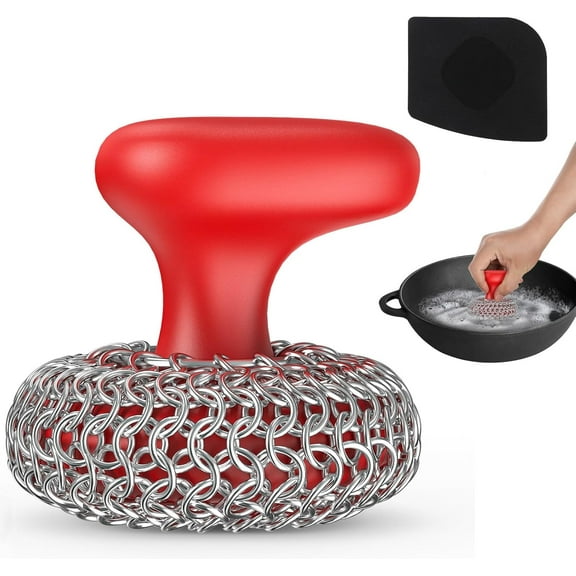 Cast Iron Scrubber | Dish Scrub Brush | 316 Cast Iron Cleaner Chainmail Scrubber for Pan Skillet Cleaner - Red