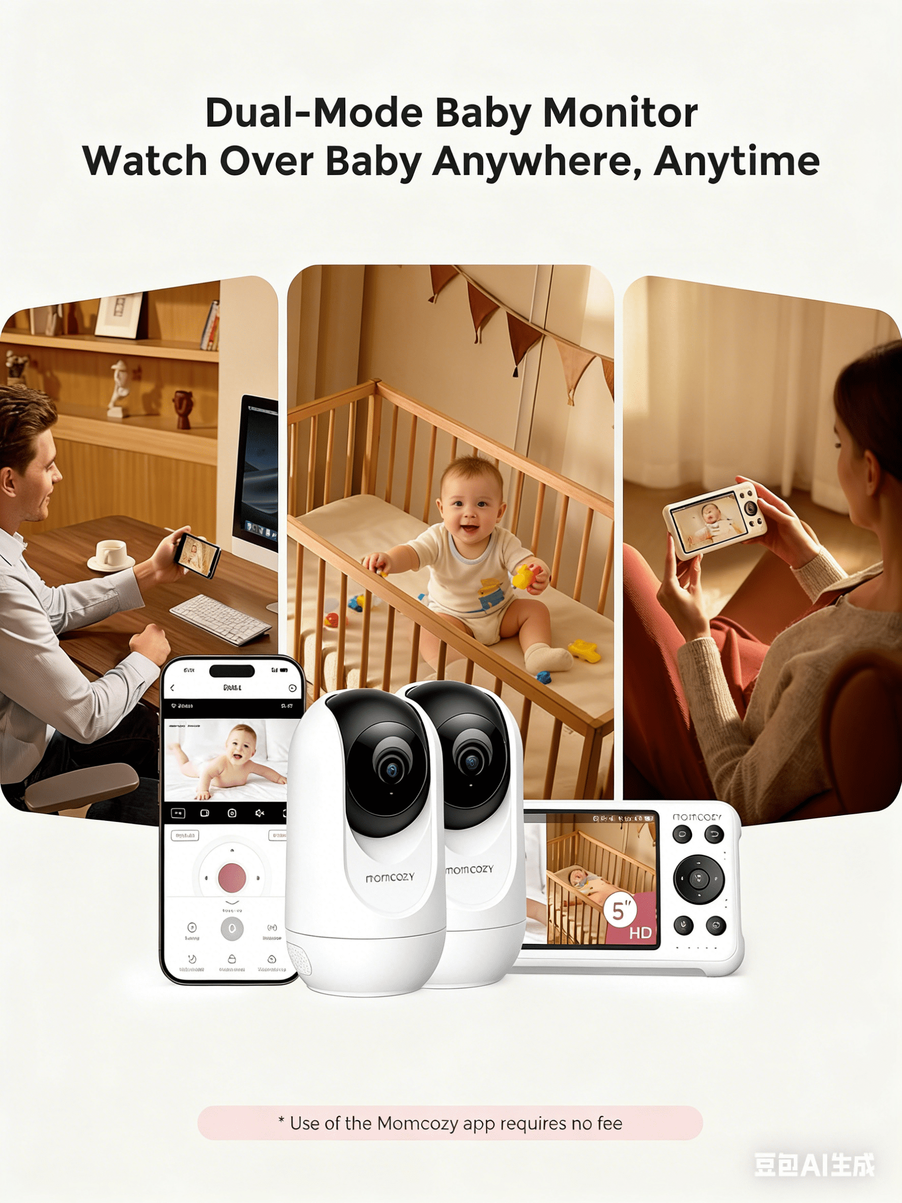 Momcozy Smart WiFi Baby Monitor with 2 Cameras, 5’’ 1080P Split Screen Video Baby Monitor with Camera and Audio, Clear Night Vision, 5000mAh Battery, 2-Way Audio