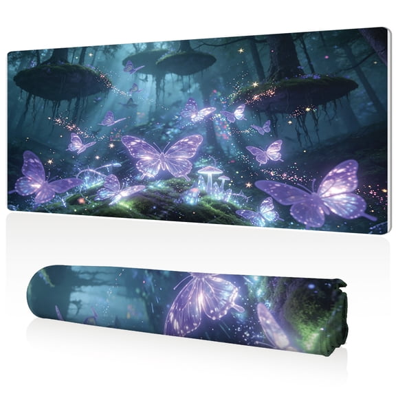 LIVEKEY Extra Large Mouse Pad 80x40x0.3cm Mystical Purple Butterflies in Glowing Forest Design Full Desk Coverage Non Slip Durable Easy Clean Stitched Edges for Gaming and Office
