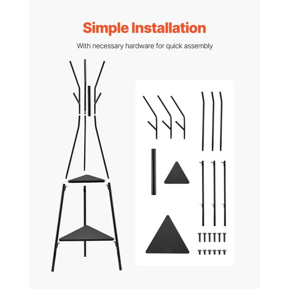 Coat Rack, Freestanding Coat Stand with 2 Shelves and 6 Hooks for Coats, Hats, Umbrellas, for Hallway, Entryway, Bedroom