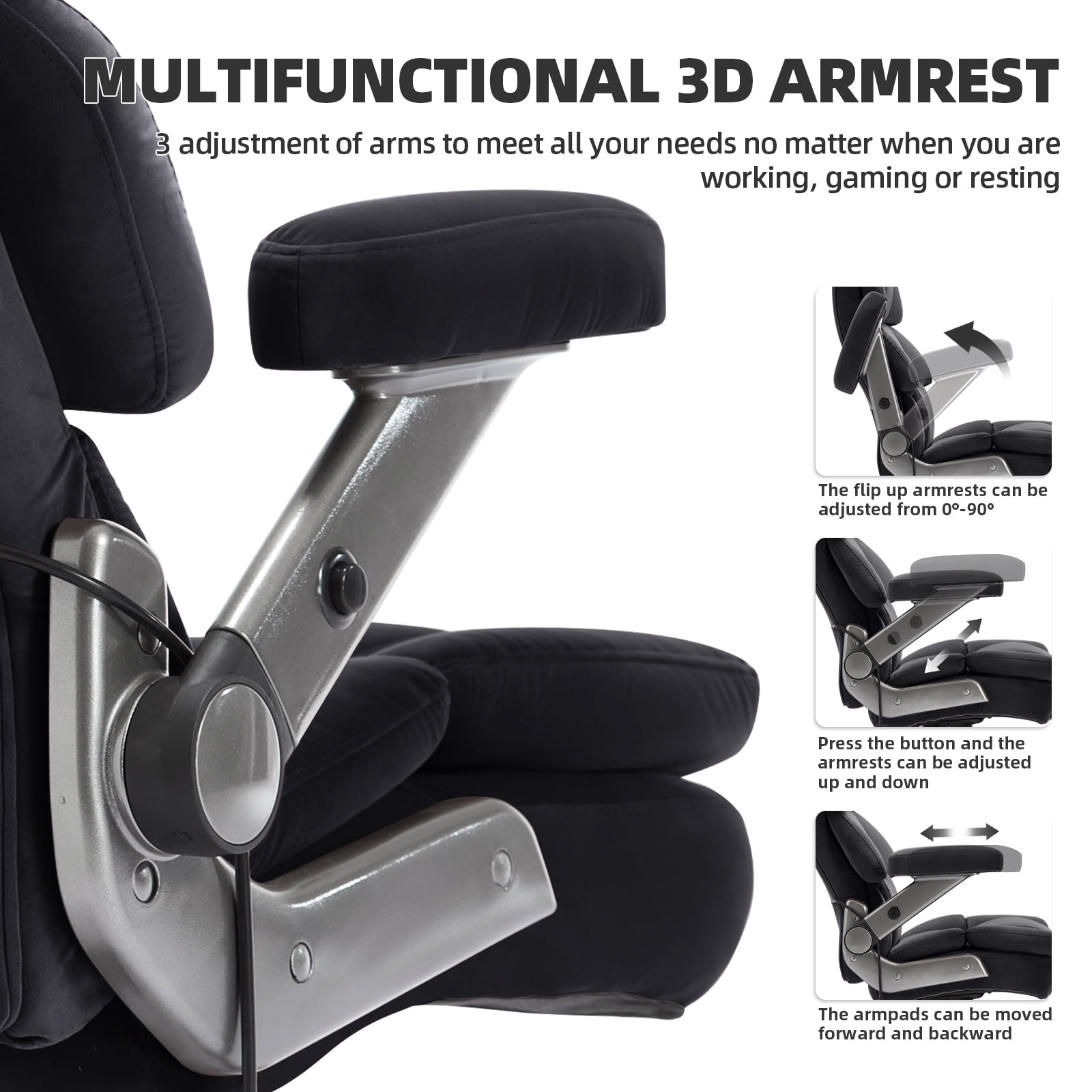 Big and Tall 700lbs Office Chair, Fabric Heavy Duty Executive Chair with 3D Flip up Armrests Adjustable Lumbar Support Large Rubber Wheels, Extra Wide High Back Computer Desk Chair, Black