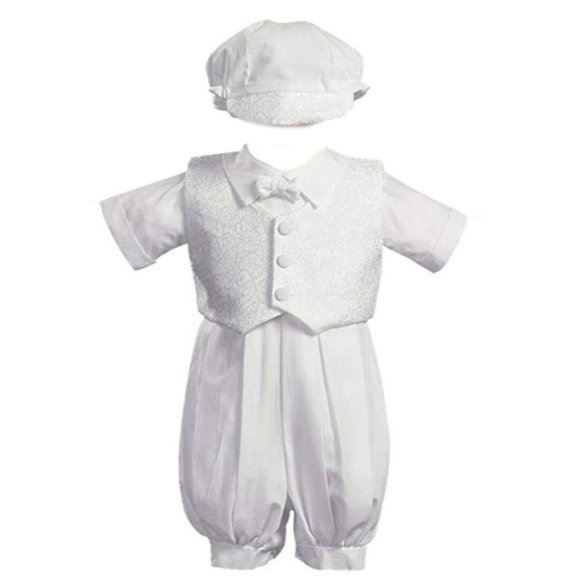 White Poly Cotton Christening Baptism Romper Set with Vest and Hat - Size XS (0-3 Month)