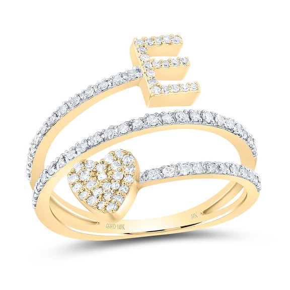 10K Yellow Gold Diamond Women's Block Letter E Initial & Heart Wrap Ring 3/8 CT