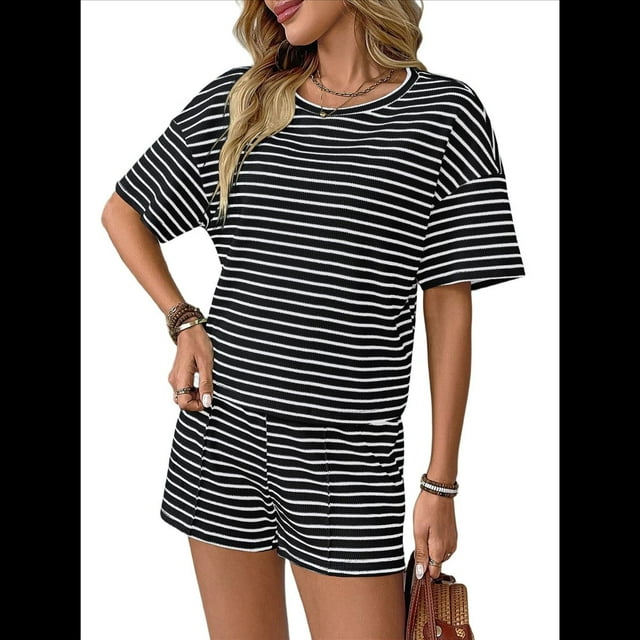 Pijama de Verano de 2 Piezas con Estampado de Rayas y Corta, Color Negro, Talla XL