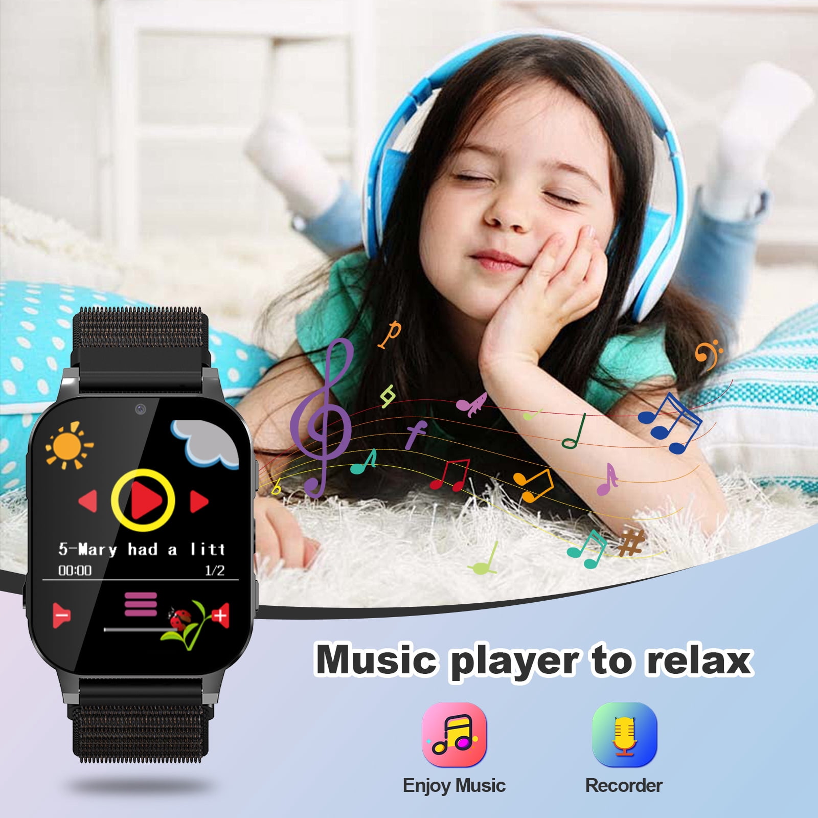 SHANNA Kids Smart Watch for Boys Girls Aged 4-12,  1.83'' HD Touch Screen with 30 Games and 140 Learning Cards, Music Player Camera Pedometer Story Telling, Black