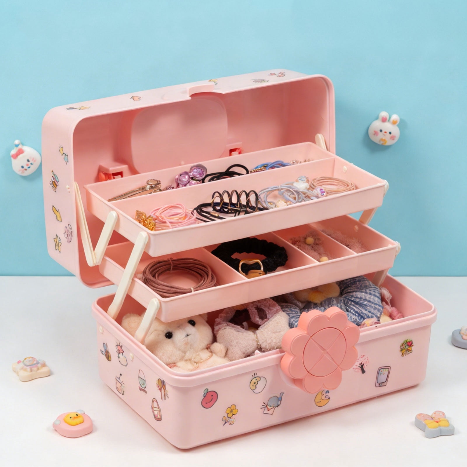 Threns Hair Accessories Organizer for Girls,3-Layers Pink Craft Storage Container with Handle,Lockable Storage Box for Hair Clip,Headband,Scrunchie,Cosmetic,Sewing Kit