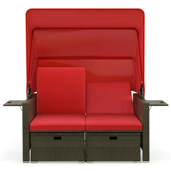 GVN Outdoor Patio Rattan Daybed with Retractable Canopy and Adjustable Backrests-Red
