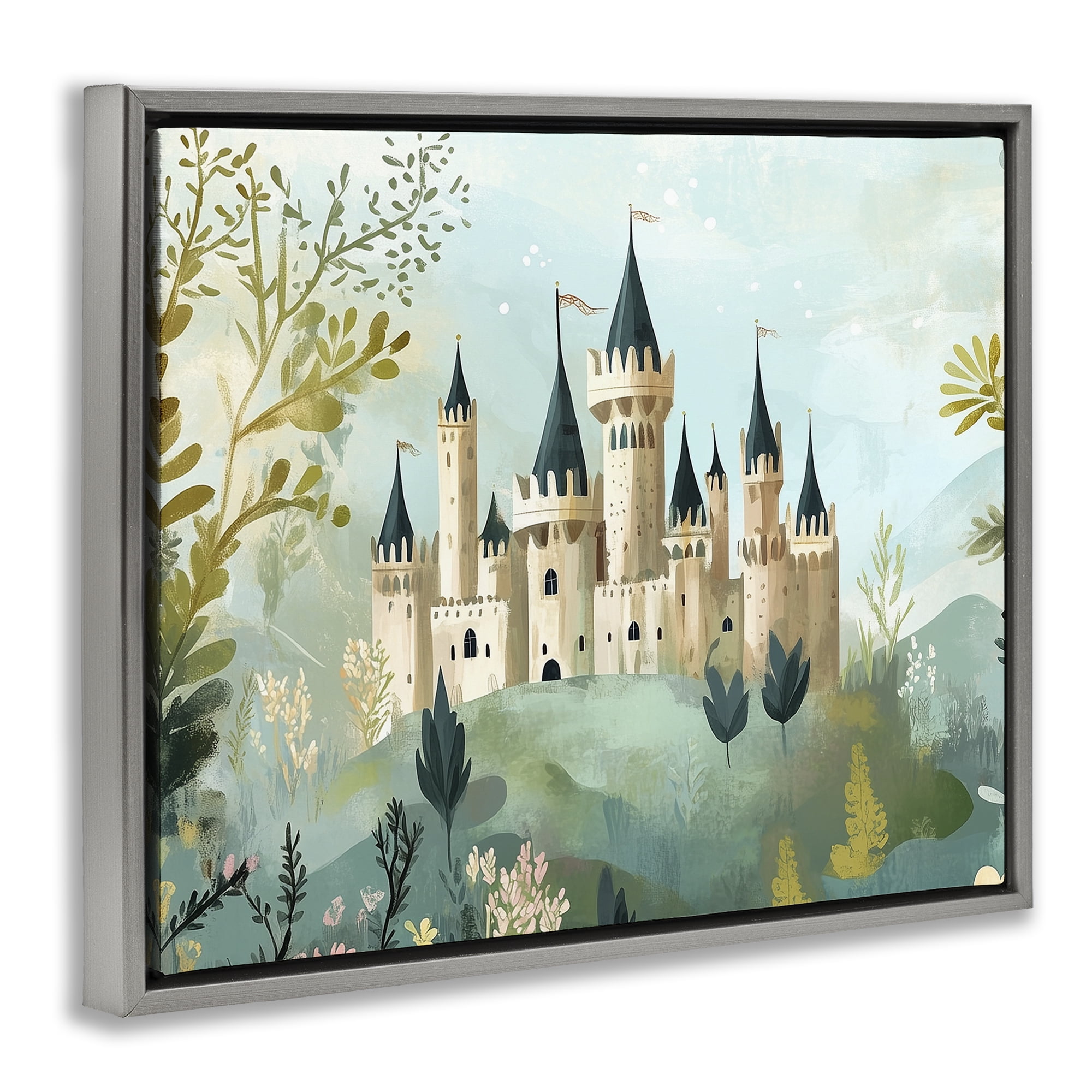 Stupell Industries Princess' Castle View Gray Framed Floater Canvas Wall Art, design by Christine Simpson Art