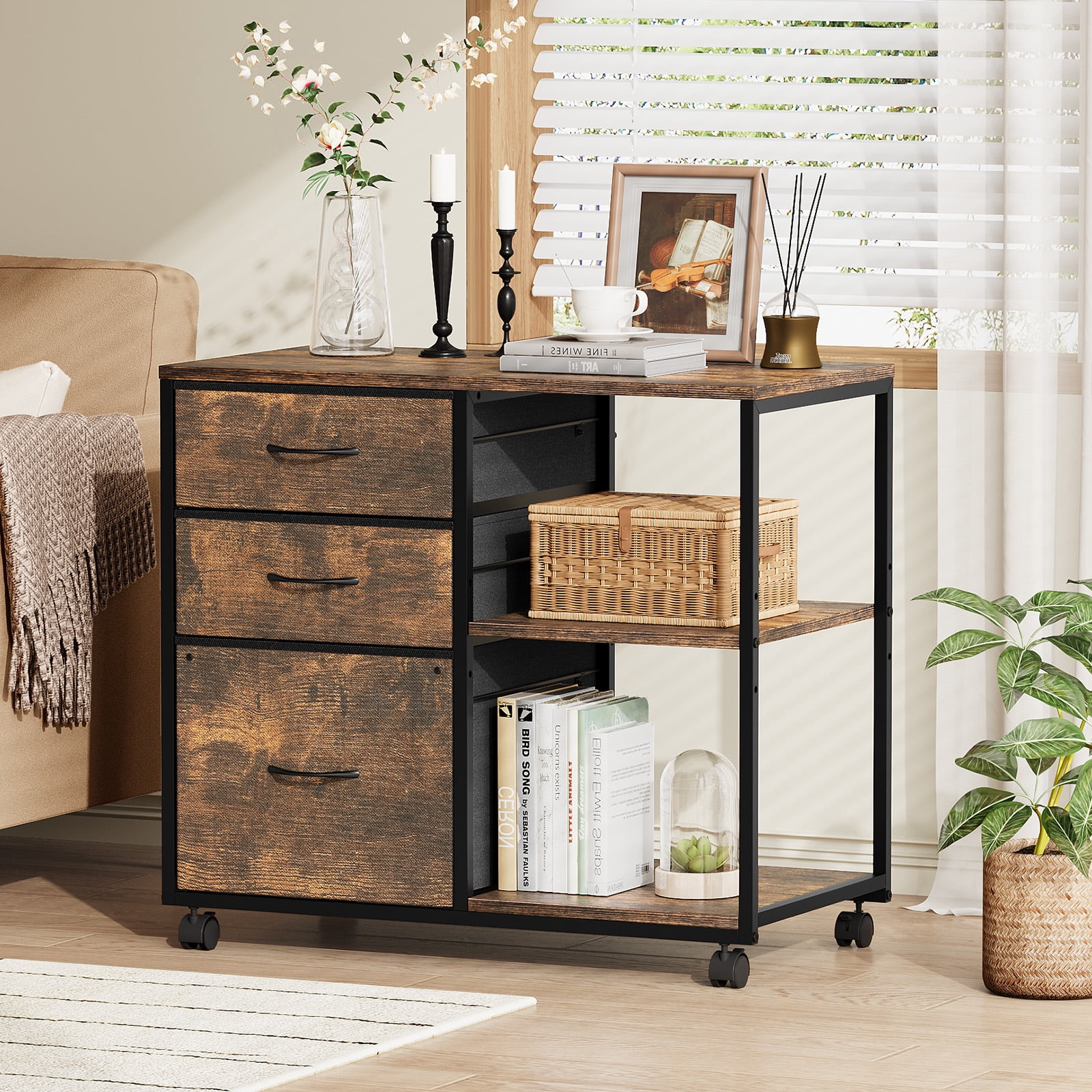 Ktaxon Rolling File Cabinet Under Desk Printer Stand with Shelves Adjustable, Mobile Lateral Filing Cabinet for Home Office, Fits Letter for Home Office, Brown