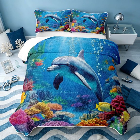 Erosebridal Marine Animal Twin Quilt Set, Cartoon Dolphin Twin Coverlet Set, Reversible 2 Pieces, 1 Bedspread and 1 Pillowcase