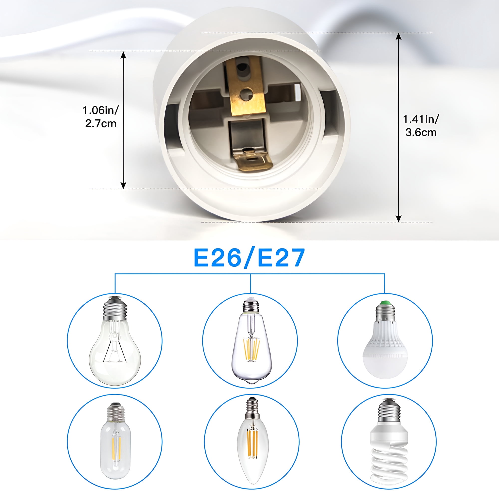 ABI E26 Light Bulb Socket to 2-Prong US AC Power Cord Adapter with On/Off Switch, 12 FT Cable (6-Pack)