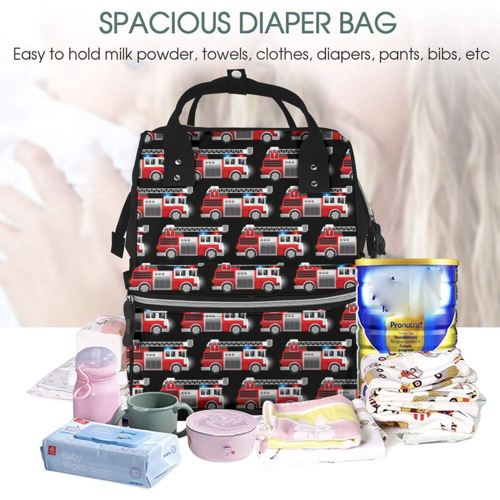 Ratiio Fire and Rescue Truck Mummy Backpack - Waterproof Twill Canvas, Large Capacity Diaper Bag with Multiple Pockets and Adjustable Straps