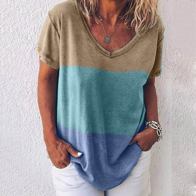 Pntutb - Camiseta de manga corta con cuello en V para mujer con letras informales a rayas Pntutb Pntutb-562