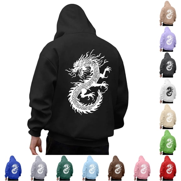 RUTAYY Men's Hoodie Long Sleeve Drawstring Front Pocket Dragon Graphic Back Print Pullover Sweatshirt Black