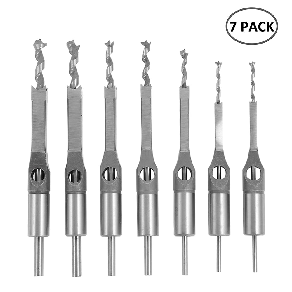 7x Square Hole Saw Auger Mortise Drill Bit Set Mortising Chisel Woodworking Tool 
