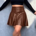 thumbnail image 5 of vigerkar Leather Skater Skirt, Women's Loose Mini A-line High Waist Casual Stretchy Skirts (Brown, M), 5 of 6