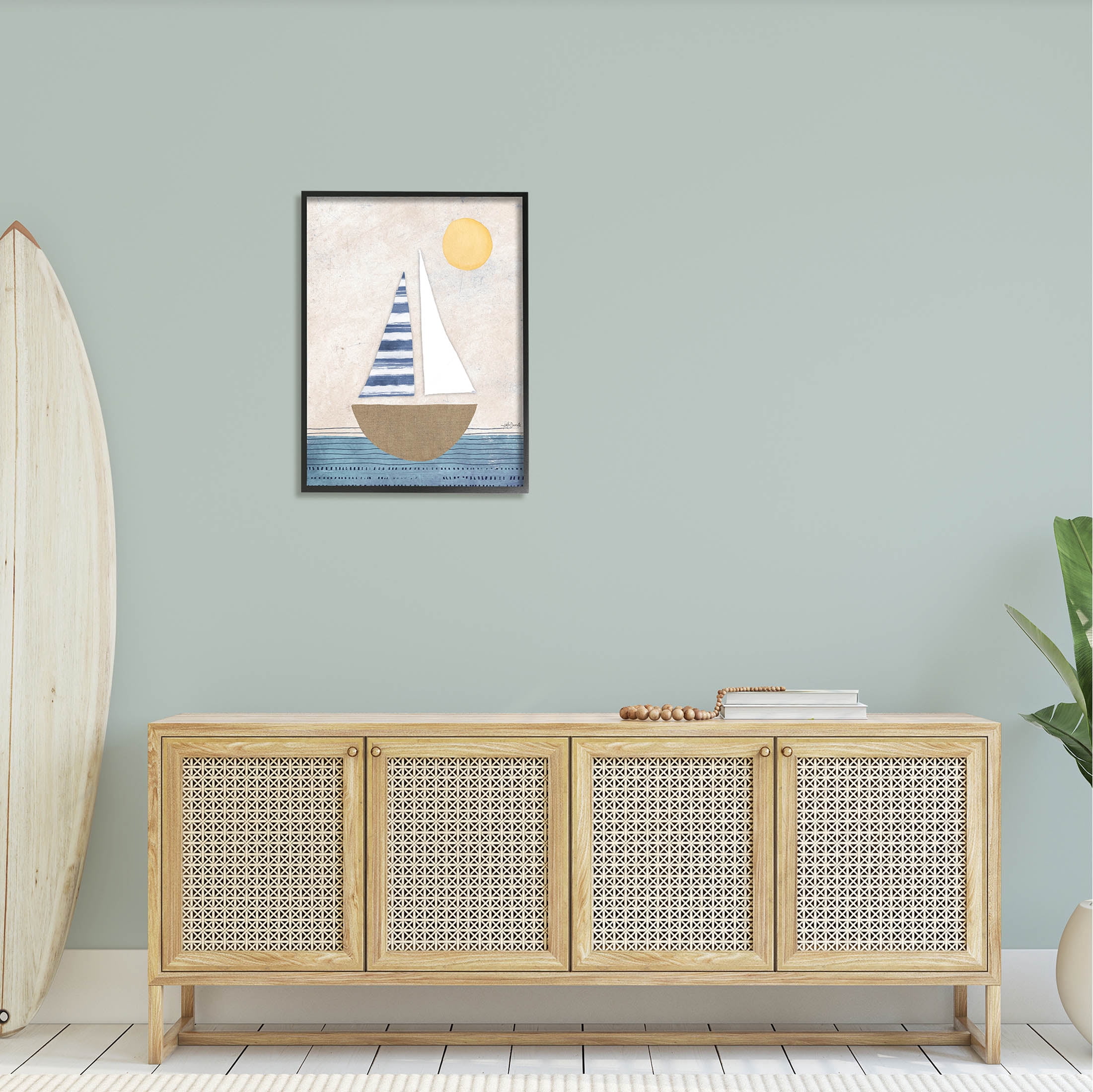 Stupell Industries Geometric Sailboat Striped Ocean Water Graphic Art Black Framed Art Print Wall Art, Design by Katie Doucette