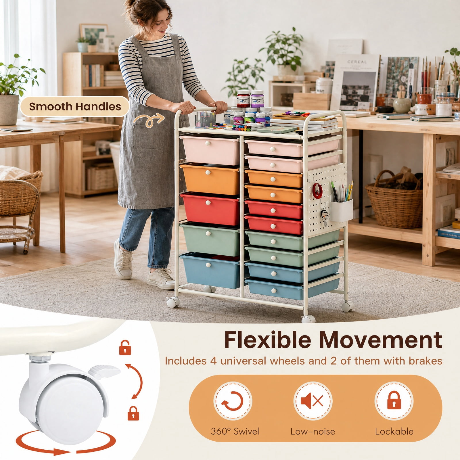 Furnibear 15 Drawer Rolling Storage Cart with Metal Tabletop Pegboard and Locking Wheels for Kitchen Office and Classroom Organizing, Macaron