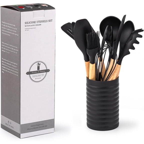 KSENDALO 12-Piece Silicone Cooking Utensils Set with Holder, Black Kitchen Utensils with Wooden Handle, Heat Resistant for Nonstick Cookware of Kitchen Cooking Baking