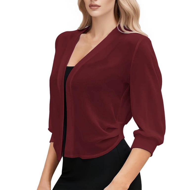 Women's Lightweight Cropped Cardigan – V-Neck 3/4 Sleeve Open Front Shrug For Casual Or Dressy Looks