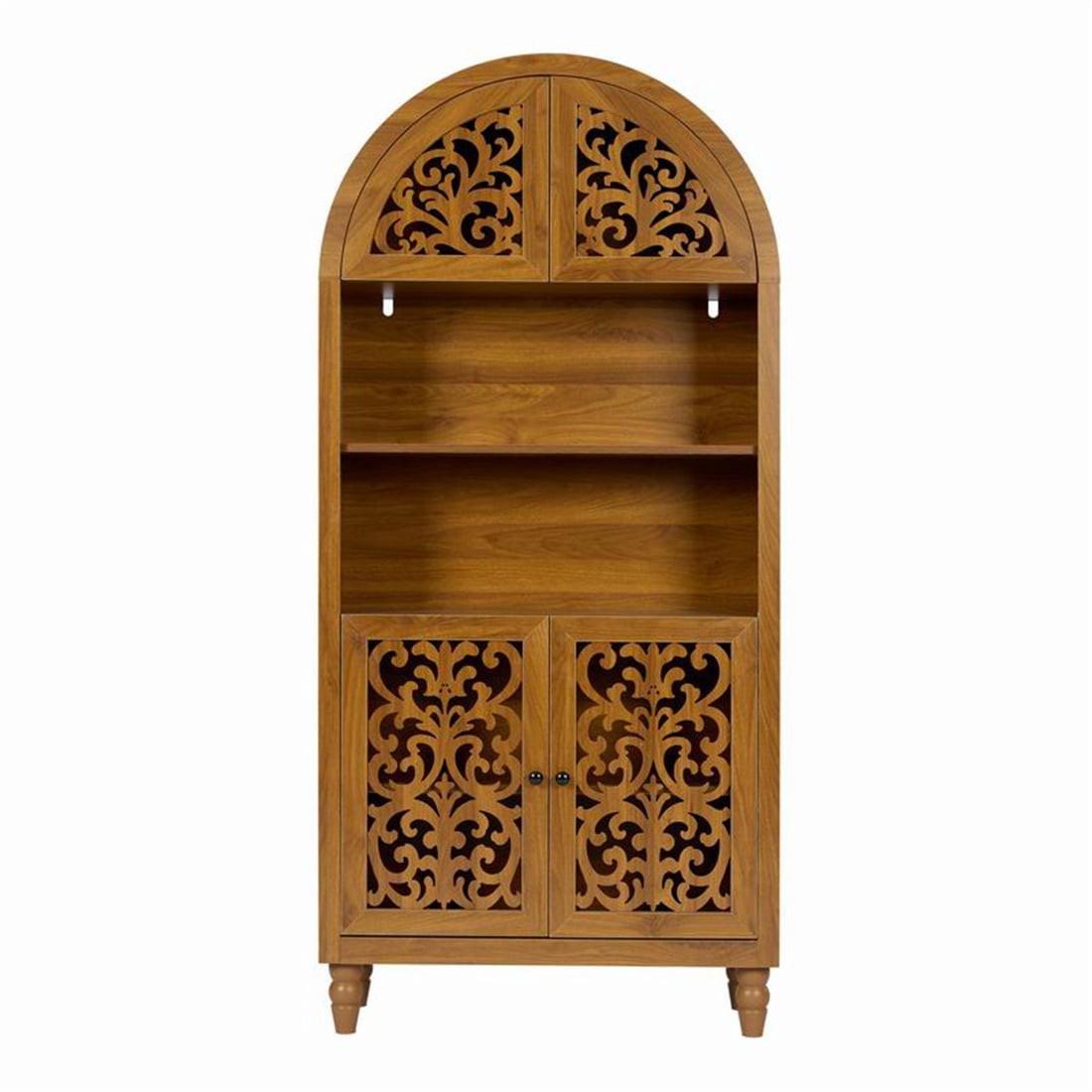 Hommoo 66" Tall Vintage Arched Carved Wooden Cabinet, Open Shelf Bookcase, Freestanding Hollow Carved Decorative Storage Shelf for Home & Office