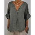 thumbnail image 4 of yunLCZ Women Shirts Women's Spring New Women's Clothing Casual Loose Fashion Mid Sleeve Cotton Linen Solid Color Door Bottle V Neck Shirt Mid Sleeve T Shirt, 4 of 4