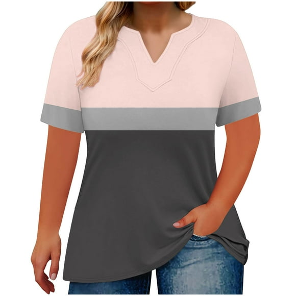 Virmaxy Women's Curve-Friendly V-Neck Tunic Breathable Cotton Blend Loose Fit Top for Summer Travel Casual Fridays Pink-2 XL