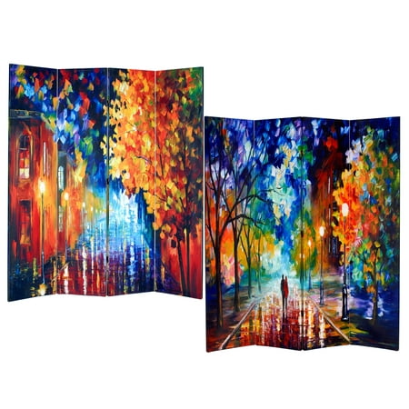 Room Dividing Furniture Roundhill Furniture 4-Panel Double Sided Painted Canvas Room Divider Screen, Night Street, 17 x 71in, Multicolor ()