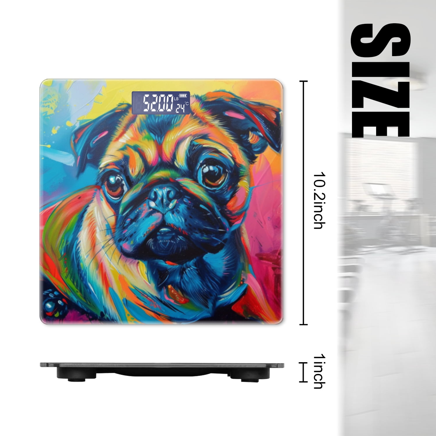 Bathroom Scale, Highly Accurate Digital Body Scale,Precisely Measures Weight up to 400 lbs-Pug With Vibrant Colors And Colorful Background