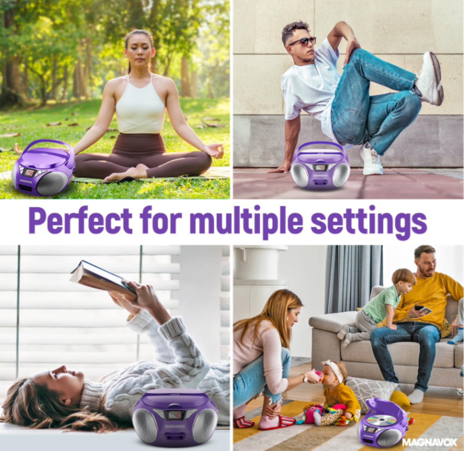 Magnavox Portable CD Boombox with FM Stereo Radio, Top-Loading CD Player, AUX Input, LED Display, AC/DC Power, Battery Operated Boombox, Purple