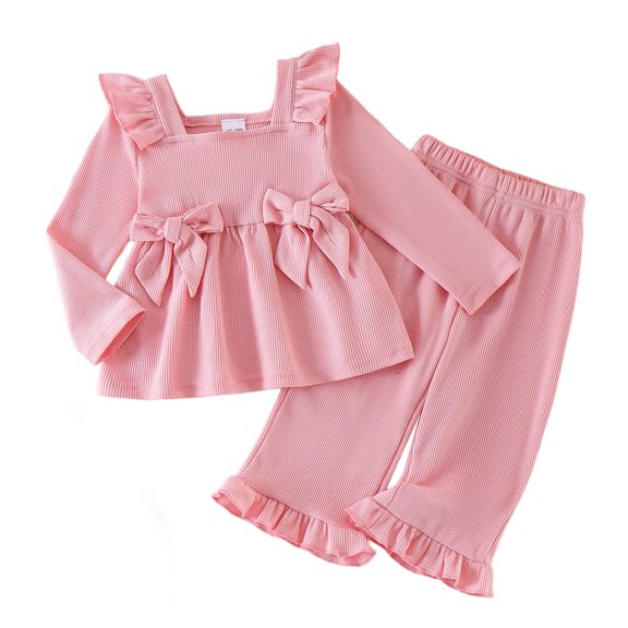 Staki Baby Girl Clothes Toddler Fall Winter Outfits Ruffle Long Sleeve Bow Top Flared Pants Set Bell Bottom Clothing 12M-5T(Pink,18-24 Months)
