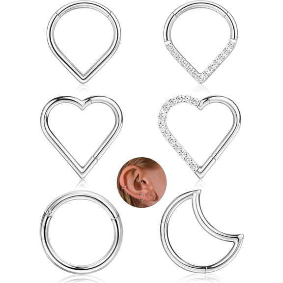 Besteel 6 Pcs Daith Piercing Jewelry Gold Hypoallergenic Cartilage Nose Conch Tragus Helix Hoop Piercing Jewelry Surgical Steel CZ Moon Heart Teardrop Seamless Hinged Clicker Septum Rings 16G