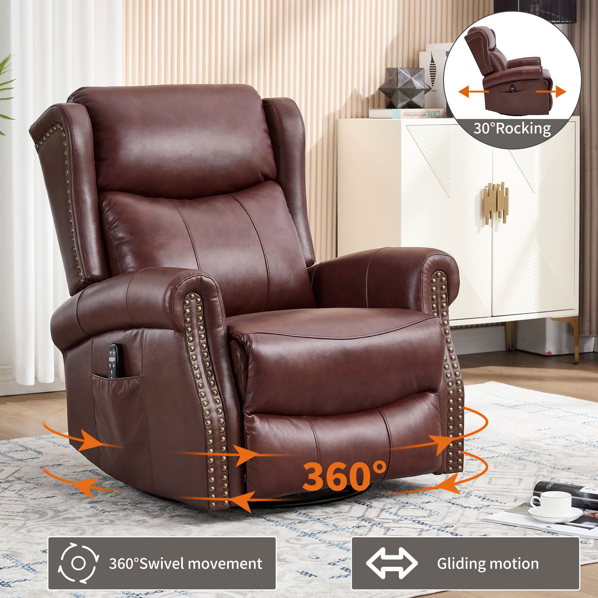 MAYEERTY 360 Degree Swivel Rocker Recliner Chair, Genuine Leather Manual Recline Glider Armchair with 8-Point Vibration Massage & Lumbar Heat, for Living Room Home Theater