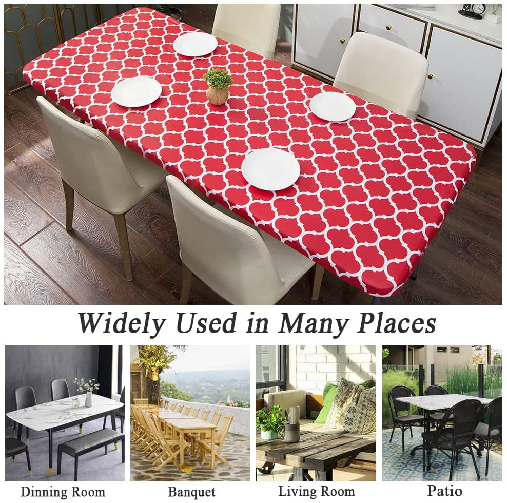SET 1 PCS +GIFT Picnics,Parties and Outdoor.Fits 4 ft Red Checkered 30 x 50 Folding Table Waterproof Elastic Edged Flannel Backed Vinyl Fitted Table Cloth for Travel 