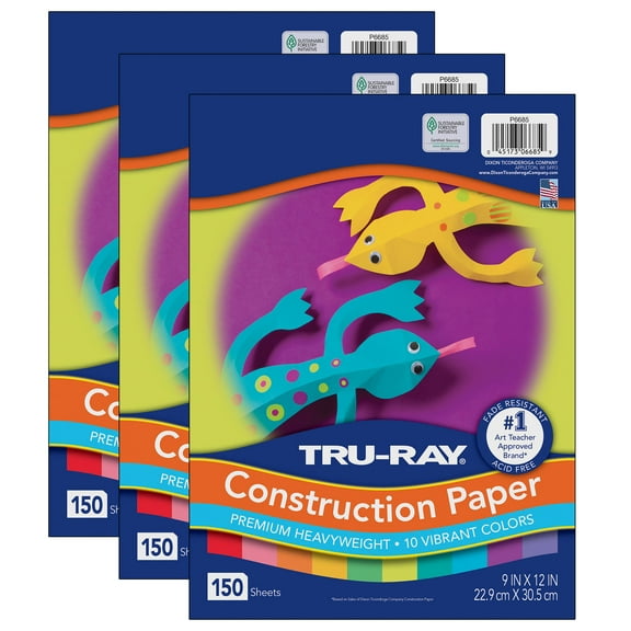 Tru-Ray Construction Paper, Heavyweight, 10 Vibrant Colors, 9" x 12", 150 Sheets Per Pack, 3 Packs