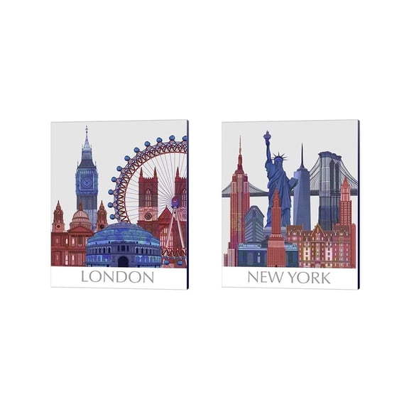 Metaverse Fab Funky 'London & New York Landmarks , Red Blue' Canvas Art (Set of 2)