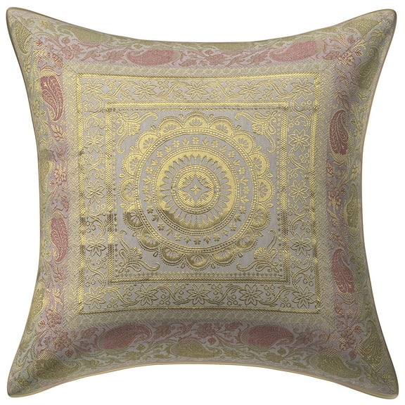 Stylo Culture Ethnic Chair Seat Throw Pillow Cover 16x16 Jacquard White Square 40cm x 40cm Home Decor Brocade Floral Mandala Zippered Cushion Cover | 1 Pc