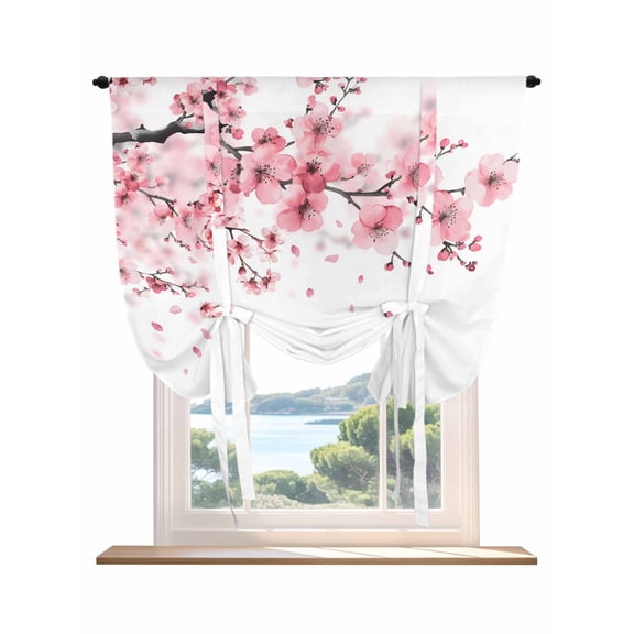 Pink Floral Tie Up Curtains for Windows 54 Inch Length Balloon Curtains Kitchen Adjustable Balloon Window Shade Modern Cherry Flower Tie Up Valance Bathroom Curtain Window 42"x54"