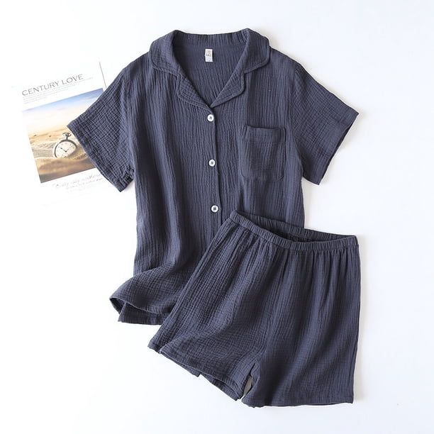 Pijama de pareja de manga corta con pantalones cortos de crepé lavado de algodón, traje de verano de gasa fina de doble capa para hombres y mujeres, ropa de hogar