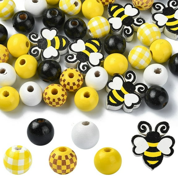 1Set Bees Themed Printed Wood Beads Sets Mixed Color 29x26x8mm Hole: 3mm 5pcs