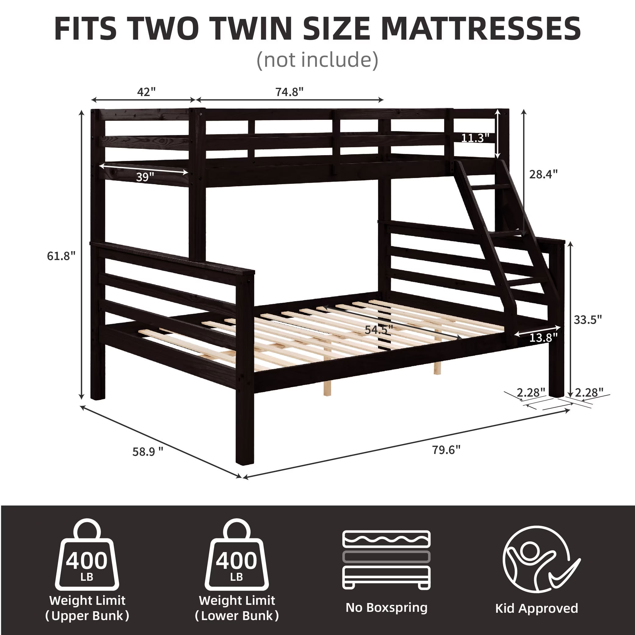MAYEERTY Twin over Full Bunk Bed with Thick Posts, Solid Wood Bed Frame with High Guardrail and Ladder, for Kids Teens Dorm Rooms Guest Rooms, No Box Spring Needed
