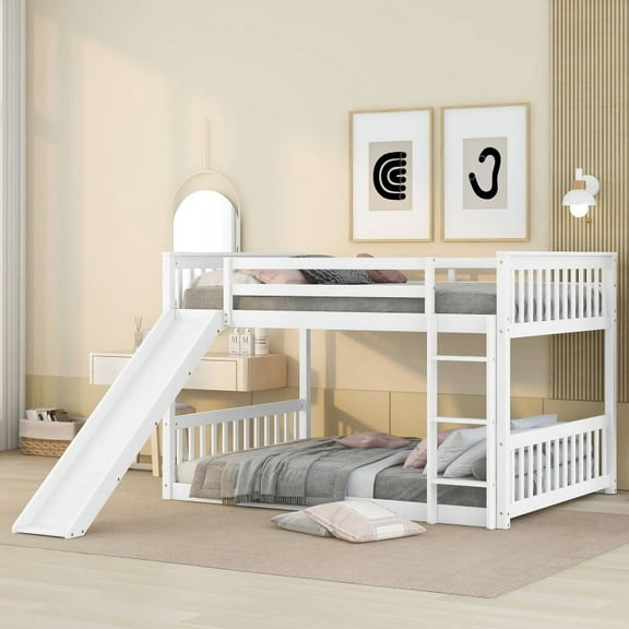 [Luckynote]Full over Full Bunk Bed with Slide and Ladder in White Color