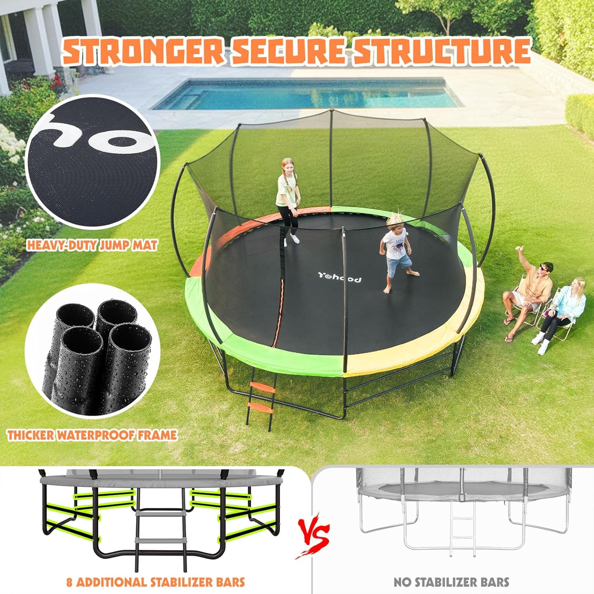 Toremore 14FT Trampoline Outdoor , Recreational Trampolines with Enclosure Net and Ladder, with Additional 8 Stabilizer Bars and Anti-Rust Coated Galvanized Frame