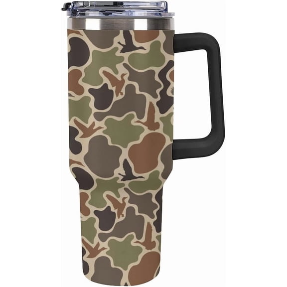 Duck Hunter Camouflage 40oz Tumbler with Straw And Lid Insulated Stainless Steel Travel Tumbler Coffee Cup Mug Water Bottle with Handle, Fits in Car Cup Holder