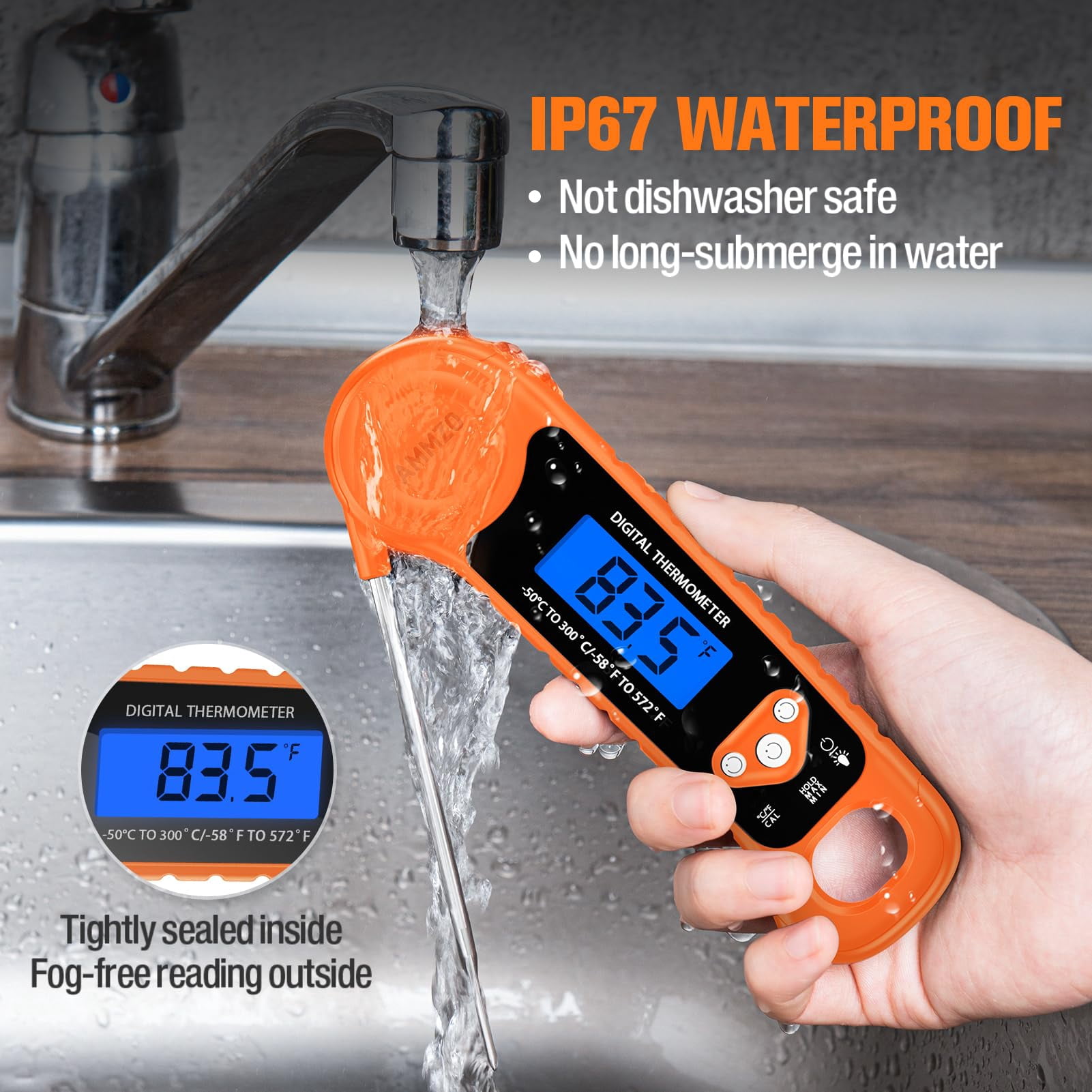 Digital Food Thermometer Orange Instant Read Waterproof Backlight for Grilling Cooking