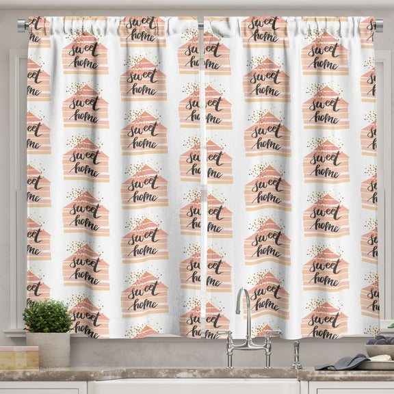 Ambesonne Home Saying Kitchen Curtains, Pastel Repetitive Art, 55"x39", Peach and Charcoal Grey