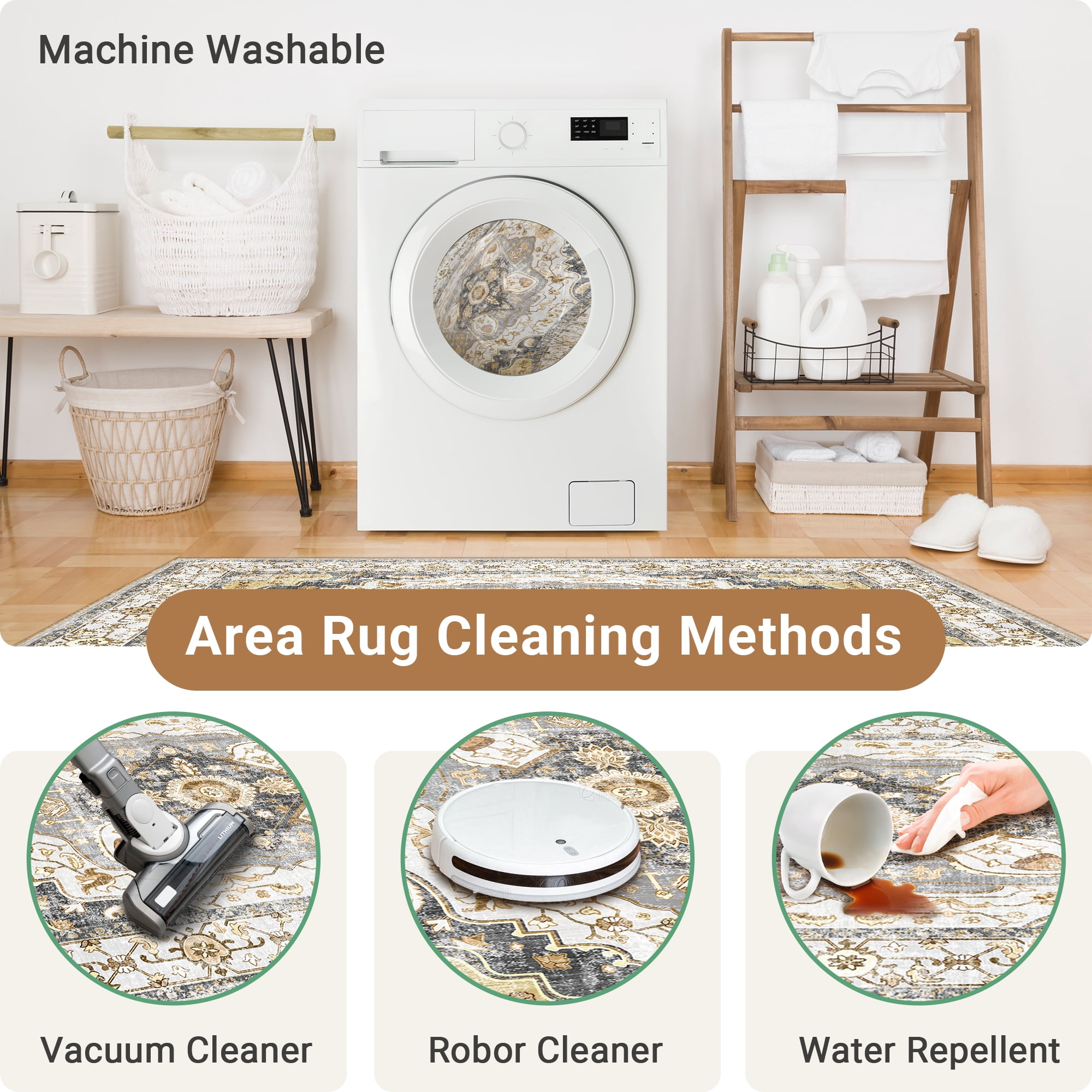 NewBuros 8'x10' Area Rugs for Living Room, Washable Non-Slip Vintage Tribal Print Rugs, Soft Low Pile Stain Resistant Carpet for Bedroom Dining Room, Gray & Yellow