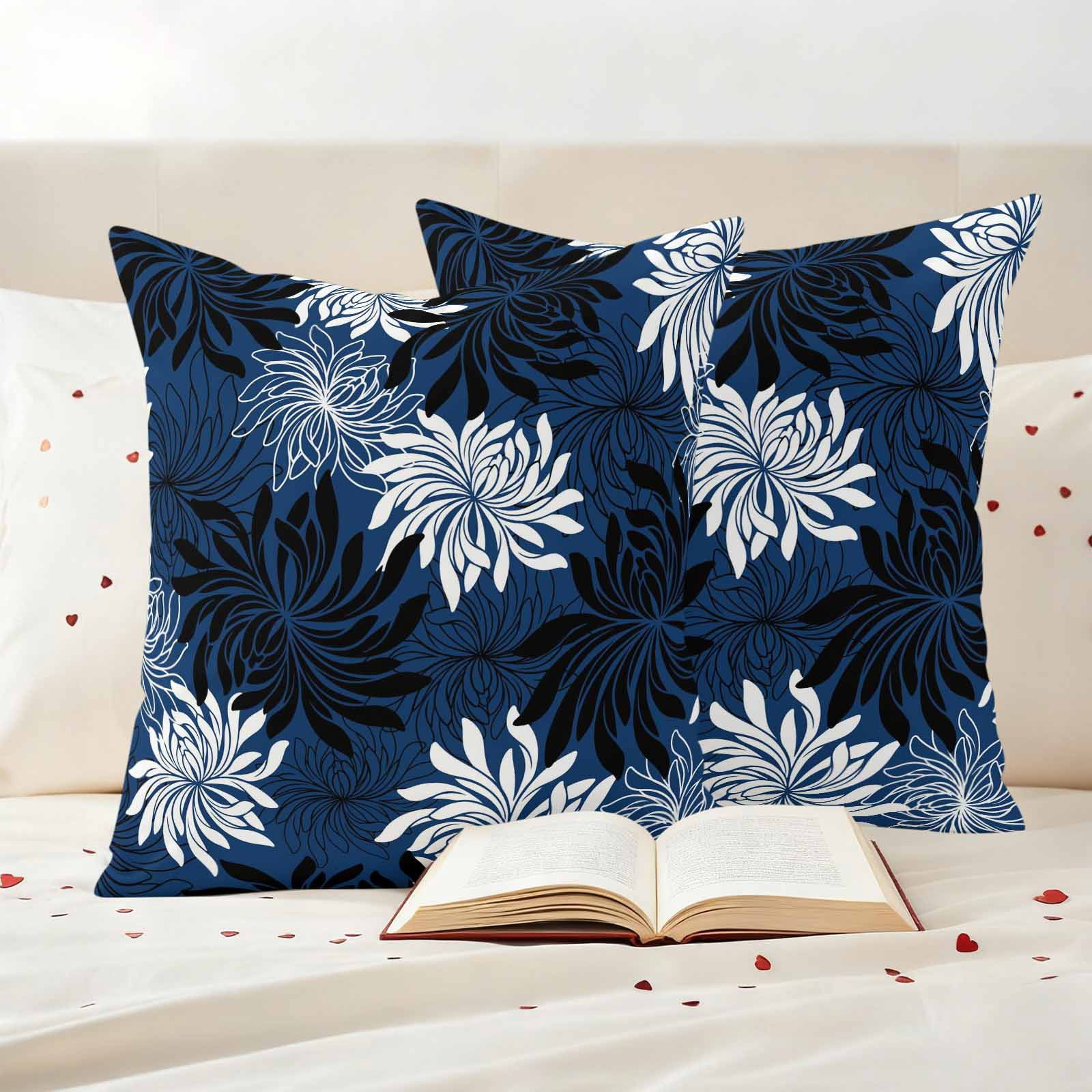 Blue Black Flowers Outdoor Waterproof Throw Pillow Covers 20x20 Set of 2, Modern Abstract Blooms Floral Decorative Pillowcases Cushion Pillowcase for Couch Sofa Patio Outside Pillow Protector