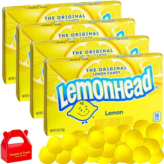 Lemonheads Original Lemon Candy 4 Theater Boxes (5 oz Each) Yellow Sweet Core - Desert Treat Party Favor Movie Night Birthday Holiday Snack 20 oz Total
