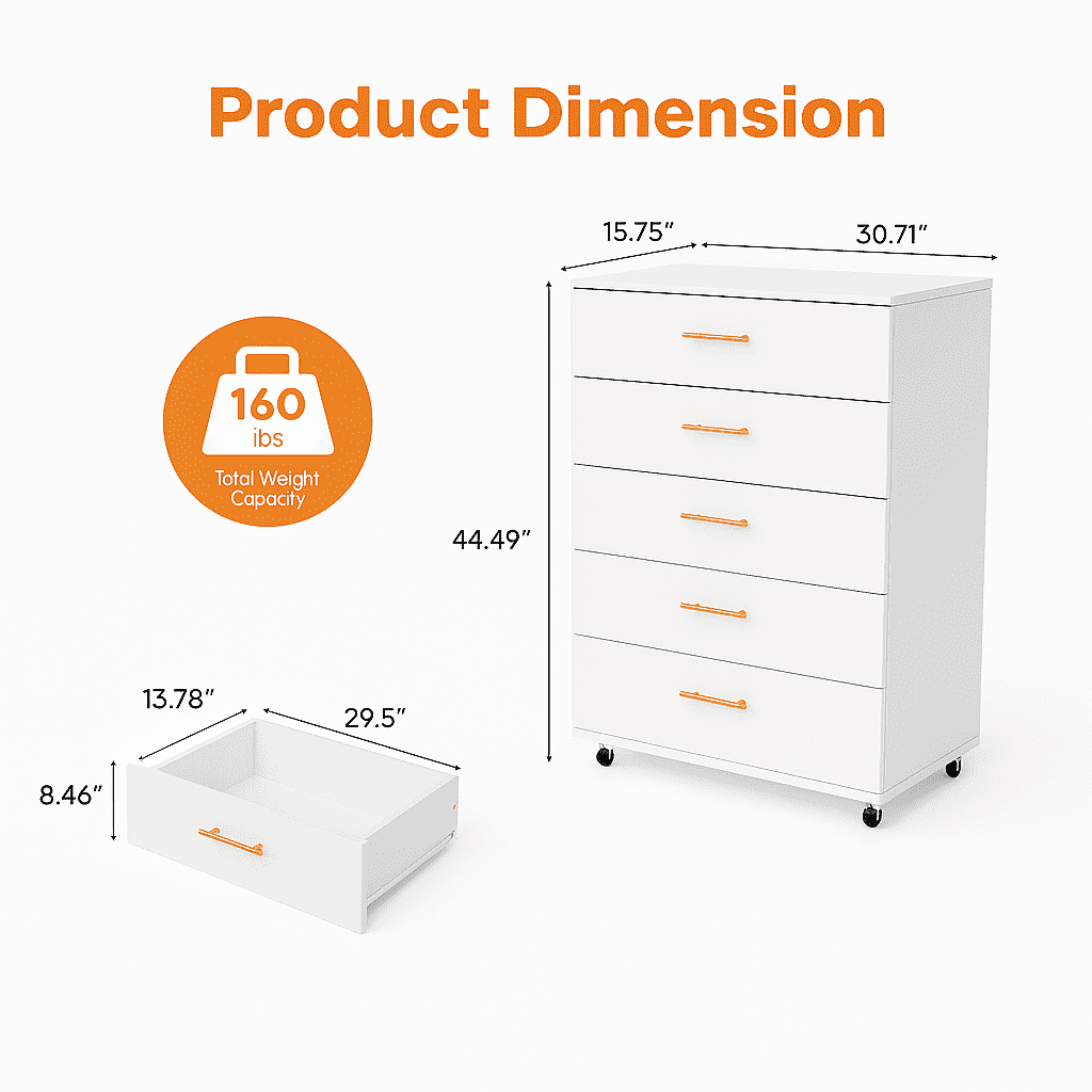 Aukfa 5 Tall Drawer Dresser Wide Chest of Drawers for Bedroom Entryway Living Room,White
